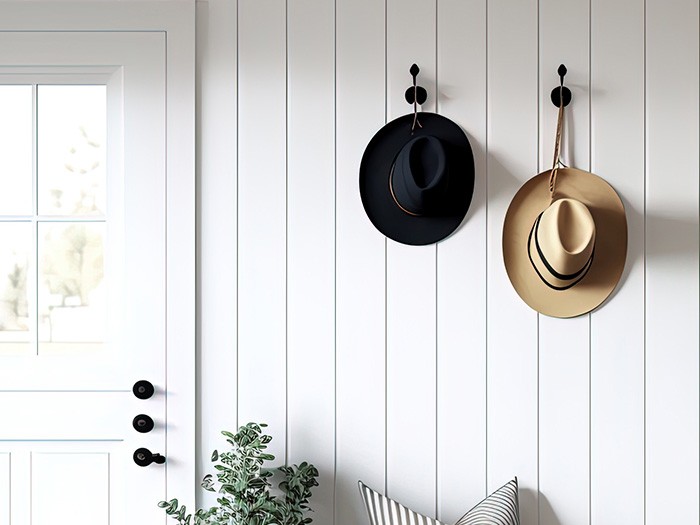 White wooden wall entryway with two hooked hats on the wall a black hat and a brown one.